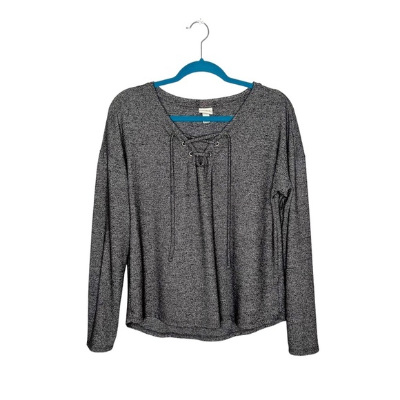 A New Day Charcoal Heather Gray Lace Up Neckline Blouse - Picture 1 of 13
